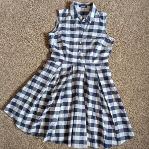 Nine West Navy and White Gingham Sleeveless Shirt Dress